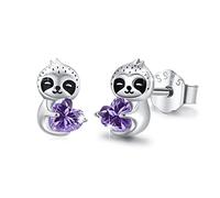 Boucles d'oreilles paresseux filles Argent 925 Sterling Boucles d'oreilles paresseux avec cœur violet foncé Zirconia Boucles d'oreilles animaux Bijoux paresseux Cadeaux pour filles femmes
