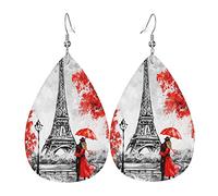 Boucles D'Oreilles Paris Eiffel Tower Red Tree Boucles D'Oreilles Pendantes Rétro Boucles D'Oreilles Percée Vintage Boucles D'Oreilles Pendantes En Cuir Pour Fête Femmes Bijoux