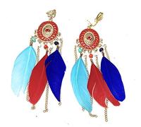 Boucles d'oreilles pendantes à clip avec plumes multicolores multicolores - Style bohème bohème tribal - Rouge et bleu turquoise, Cuivre