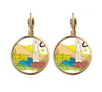 Boucles d'oreilles pendantes à clipser en forme de ville de l'Égypte antique - Dorées