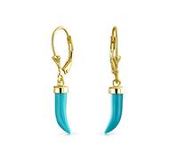 Boucles D'Oreilles Pendantes À Dos De Levier En Turquoise Bleue En Forme De Corne De Poivre Chili Cornicello Italien Porte Bonheur Bijoux Occidentaux Plaqués Or 14 Carats En Argent Sterling .925