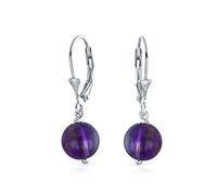 Boucles D'Oreilles Pendantes À Levier Avec Perles Rondes Simples En Améthyste Violette Pour Femmes En Argent Sterling .925 Pierre De Naissance De Février