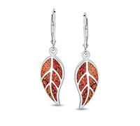 Boucles d'oreilles pendantes à levier en argent sterling .925 avec incrustation d'opale créée dans des tons terre rouge brun inspirés des Amérindiens, motif feuille nature, bijoux western pour femmes.