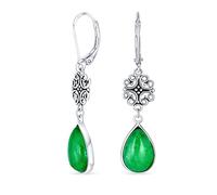 Boucles d'oreilles pendantes à levier en argent sterling .925 en forme de poire filigrane en jade vert teinté pour femme porte-bonheur.