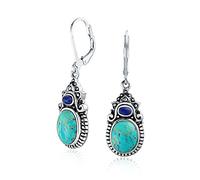 Boucles d'oreilles pendantes à levier en argent sterling .925 pour femmes avec pierres multiples style sud-ouest, turquoise stabilisée ovale et lapis.