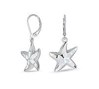 Boucles D'Oreilles Pendantes À Levier En Argent Sterling Incrustation D'Opale Créée Blanche Iridescente Étoile De Mer Vie Marine Océanique Vacances Nautiques S Pierre De Naissance D'Octobre.