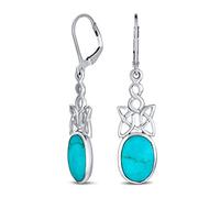 Boucles d'oreilles pendantes à levier en turquoise bleue ovale sertie en biseau avec nœud d'amour celtique style western pour femmes et adolescentes en argent sterling .925