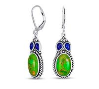 Boucles d'oreilles pendantes à levier ovale en turquoise verte stabilisée multi-pierres de style sud-ouest pour femmes en argent sterling .925