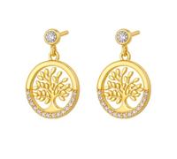Boucles d'Oreilles Pendantes Arbre de Vie Femme Plaqué Or Jaune 18K - Zirconium Cercle Pavé - Symbole Famille Éternité - Diamètre 14mm - Cadeau Spirituel