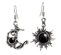 Boucles d'oreilles pendantes bohème avec opale soleil et lune - Pierre de lune naturelle - Crochet bohème pour femmes et filles - Argent vieilli asymétrique, Pierre, Pas de gemme