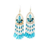 Boucles d'oreilles pendantes bohème - Bijoux vintage faits à la main avec pierre œil de tigre, fleur de raphia et étoiles de mer, design ethnique rétro pour les vacances ou la plage