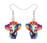 Boucles d'oreilles pendantes bohème en forme d'éléphant mignon, motif floral arc-en-ciel avec hibiscus, déclaration de mode, bijoux hypoallergéniques pour femmes, Medium, Acrylique Acier inoxydable
