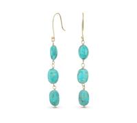 Boucles D'Oreilles Pendantes Bohèmes Longues En Or Jaune Véritable 14 Carats Avec Trois Ovales Naturels En Turquoise Bleue Pour Femmes Avec Crochets De Poisson.