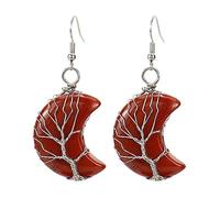 Boucles d'oreilles Pendantes, Boucles d'oreilles Pendantes en Pierre Rouge Naturelle avec Fil Enroulé Pendentif en Forme De Croissant Dangle Crochet Boucles d'oreilles Cristal De Guérison Reiki É