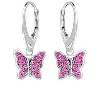 Boucles d'oreilles pendantes brisure GH papillon en cristal rose - En argent 925 authentique - Pour filles et enfants