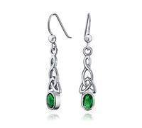 Boucles D'Oreilles Pendantes Celtiques Irlandaises En Forme De Nœud D'Amour Avec Émeraude Simulée Et Bordure Ovale Verte Crochet En Argent Sterling .925 15 Pouces De Long.