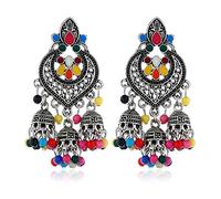 Boucles d'oreilles pendantes classiques Jhumki indiennes Bollywood - Bijoux décoratifs - Pour femme et fille - Fermoirs en caoutchouc - Taille L, Colored ancient silver, Comme décrit, Comme décrit.