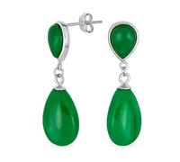 Boucles d'oreilles pendantes classiques simples en pierre précieuse avec double goutte délicate en jade vert véritable pour femmes en argent sterling .925