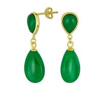 Boucles d'oreilles pendantes classiques simples en pierre précieuse avec double goutte délicate en véritable jade vert pour femmes, plaqué or jaune 14K, argent sterling .925
