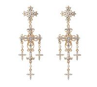 Boucles d'oreilles pendantes coréennes de luxe en argent et or avec perles de cristal croisées pour femme, 5.46x3.12in, Métal, Pas de gemme