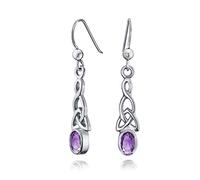 Boucles d'oreilles pendantes crochet poisson en argent sterling .925 avec améthyste, nœud d'amour celtique irlandais, serti ovale violet.