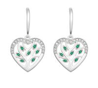 Boucles d'Oreilles Pendantes Cœur Arbre de Vie Femme Argent 925 Rhodié - Zirconium Vert Émeraude - Symbole Famille Nature - Fermoir Crochet Hypoallergénique