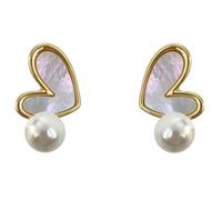 Boucles d'Oreilles Pendantes Cœur de Coquille Iridescente et Perle Simulée pour Femmes, Bijoux Délicats Ton Or, Design Léger de 2.6g, 1.66cm, Parfaites pour Looks Romantiques et Chic Quotidiens