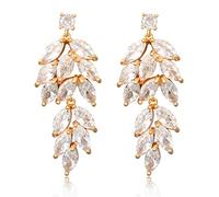 Boucles d'oreilles pendantes de mariage en oxyde de zirconium - Longues boucles d'oreilles chandelier en cristal marquise avec strass - Boucles d'oreilles pendantes en forme de feuille florale pour