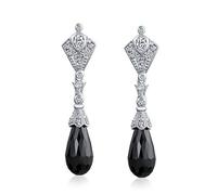 Boucles d'oreilles pendantes de soirée en argent sterling .925 avec zircon cubique facetté en forme de goutte noire style déco et pavé CZ.