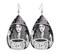 Boucles d'oreilles pendantes double face en cuir synthétique - Légères - Accessoires d'oreille pour femme - Magique, sorcière, sorcellerie, dessin bohème, bijoux cadeaux