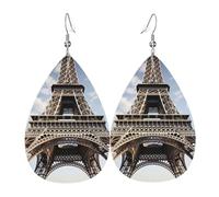 Boucles d'oreilles pendantes double face en cuir synthétique - Légères - Accessoires d'oreilles pour femme - Tour Eiffel - Monument de Paris français - Bijoux cadeaux