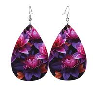 Boucles d'oreilles pendantes double face en cuir synthétique - Légères - Pour femme - Fleurs violettes et rouges