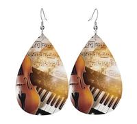 Boucles d'oreilles pendantes double face en similicuir avec notes de musique et piano et violon