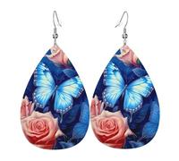 Boucles d'oreilles pendantes double face en similicuir - Légères - Pour femme - Motif papillons sur roses