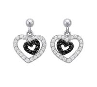 Boucles d'Oreilles Pendantes Doubles Cœurs Femme Argent 925/1000 Rhodié - Zirconium Pavé Noir & Blanc - Hauteur 12mm - Symbole Amour Fidélité - Tige Poussette