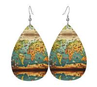Boucles d'oreilles pendantes élégantes et légères en cuir avec imprimé carte du monde animal pour femmes et filles, taille unique, cuir, sans pierre précieuse