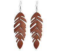 Boucles d'oreilles pendantes élégantes faites à la main en cuir véritable - Style bohème délicat et scintillant - Avec crochet et plumes - Pour femmes et filles, Simili cuir, N/P