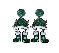 Boucles d'oreilles pendantes en acrylique brillant pour femme - Robe de Père Noël rouge et verte - Longue chaussette de Noël - Chapeau de Père Noël - Pendantes - Légères et mignonnes - Bijoux