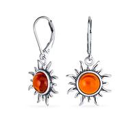 Boucles d'oreilles pendantes en ambre cognac véritable en forme de soleil levant sur la plage pour lune de miel tropicale pour femmes, fermoir à levier en argent sterling oxydé .925.