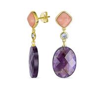 Boucles D'Oreilles Pendantes En Améthyste Pourpre Facettée Ovale Avec Accent En Cristal Rose Poussiéreux Et Pierre Précieuse Élégante Pour Femmes, Plaquées Or Jaune
