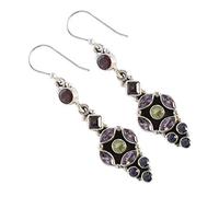Boucles d'oreilles pendantes en argent 925 avec pierre précieuse péridot et grenat grenat fumé à facettes - Bijoux bohème faits à la main - Cadeau pour femme - Tons terreux