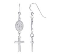 Boucles d'oreilles pendantes en argent sterling 925 avec médaille miraculeuse en forme de croix - 46,1 x 10,2 mm de large