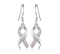 Boucles d'oreilles pendantes en argent sterling 925 avec nœud rose pour sensibilisation au cancer du sein, boucles d'oreilles pendantes en argent sterling et oxyde de zirconium pour femme