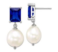 Boucles d'oreilles pendantes en argent sterling 925 avec perle de culture d'eau douce Rhod 9 11 mm Bleu CZ simulé Diamant long 26,8 x 11,4 mm de large