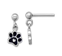 Boucles d'oreilles pendantes en argent sterling 925 plaqué rhodium et émail noir empreintes de pattes de chien et chat avec cœur 14,5 x 7,2 mm de large