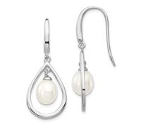 Boucles d'oreilles pendantes en argent sterling 925 poli avec crochet de 6 mm de 7 mm et perles de culture d'eau douce blanches, 39 x 15 mm de large