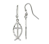 Boucles d'oreilles pendantes en argent sterling 925 poli avec crochet en forme de croix de foi religieuse avec animal marin 37 x 11 mm de large pour femme