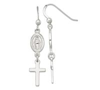 Boucles d'oreilles pendantes en argent sterling 925 poli avec médaille miraculeuse et croix religieuse 31,1 x 8,1 mm de large pour femme