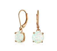 Boucles D'Oreilles Pendantes En Argent Sterling Plaqué Or Rose Avec Fermoir À Levier Et Solitaire Rond En Opale Blanche Créée