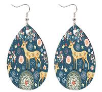 Boucles d'oreilles pendantes en bois pour femme - Cerf Sika - Vert - Boucles d'oreilles créoles légères en forme de larme - En bois naturel